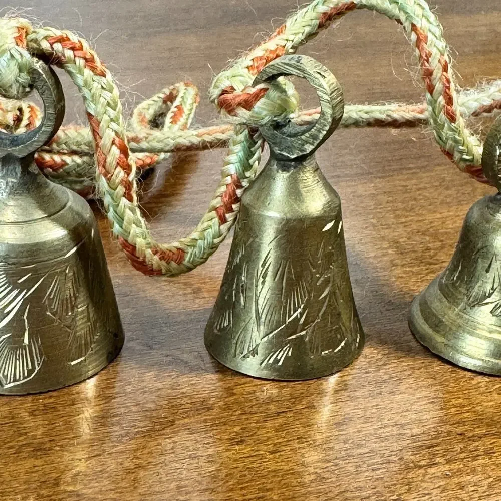 Vintage India Graduated Brass Bells with Knotted Rope Cord Set of 4